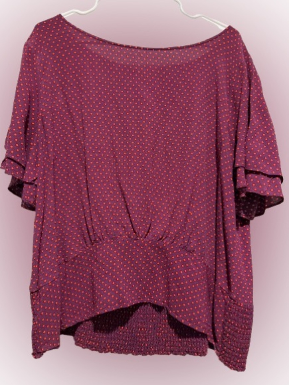 Ann Taylor Plum Dot Flutter Sleeve Blouse XL